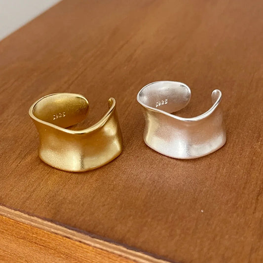 BF CLUB 925 Sterling Silver Rings For Women Simple Finger Open Vintage Gold Wide Flat Ring Allergy For Party Birthday Gift