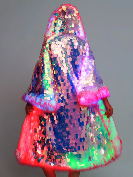 Elegant Directional Faux Fur Coat LED Pink Sequin Patchwork Coat Stylish Personality Clothing Suitable For Holiday Women's Coat