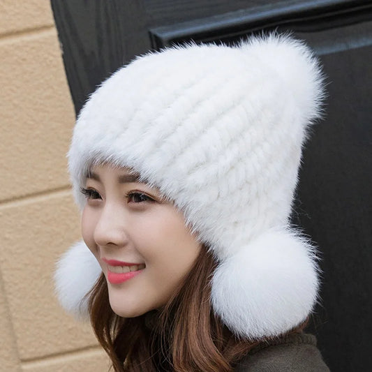 Mink Fur Hat Women Winter Thickened Ear Protection Hat Natural Fur Knitted Caps With Pom Pom Fox Ball Fashion Beanies Fur Hats