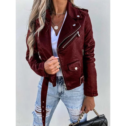 Locomotive PU Jackets Outwear Women Long Sleeve Zipper Fashion Jacket PU Leather Coat Motorcycle Short Coats Outwear