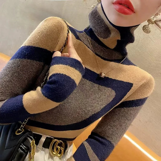 Women Clothing Fashion All-match Slim Knit Pullovers Autumn Winter Elegant Chic Geometric Patchwork Sweaters Office Lady Y2k Top