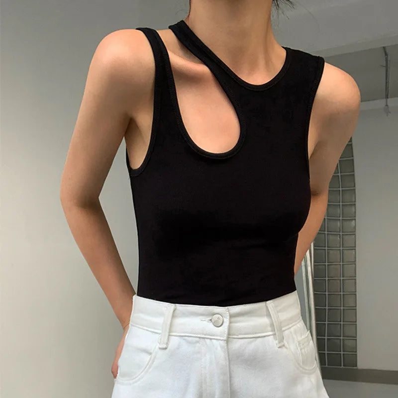 Casual y2k White Cut Out Women's T Shirt Sleeveless Slim T Shirts Female Clothing 2024 Summer Fashion crop top women camisetas