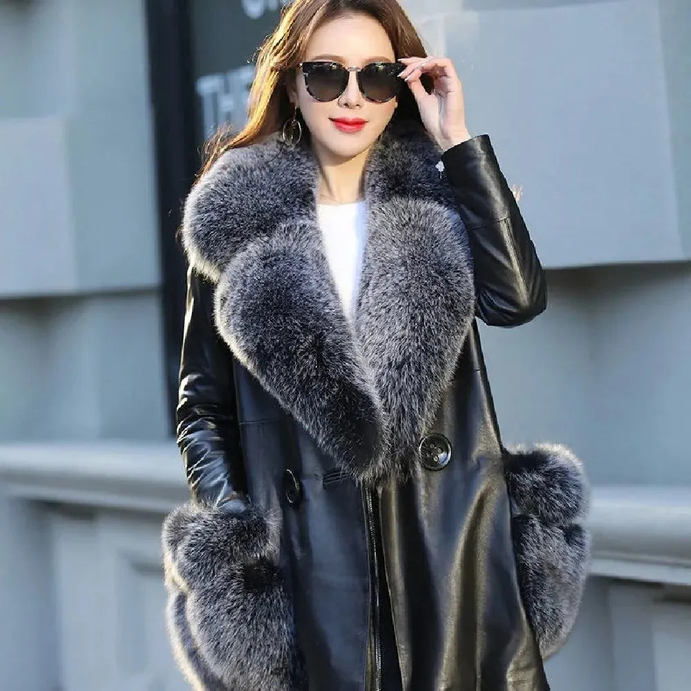 2025 Plus Cotton Velvet Big Fox Fur Collar Leather Coat PU Leather Jacket Coat Women's Fur Mid-length Coat Jacket