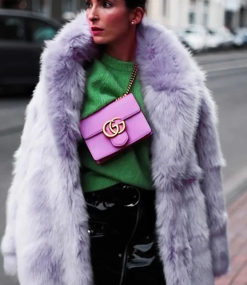 Women Thick Faux Fur Jacket Colorblock Autumn Winter Maxi Coat Long Warm Luxury Fur Outerwear