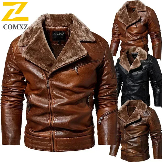 Fashion Warm Winter Mens PU Leather Jacket With Fur Collar Thicken Fleece Motorcycle Coat Casual Faux Leather Locomotive Jacket