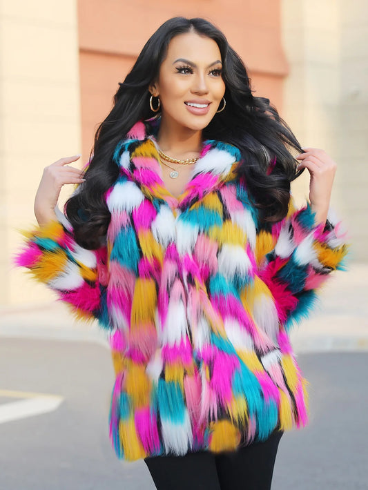 Women's Bold Warm Faux Fur Jacket Thicken Hooded Hidden Button Casual Loose Soft Color Blocking Outwear Winter Chic Coat