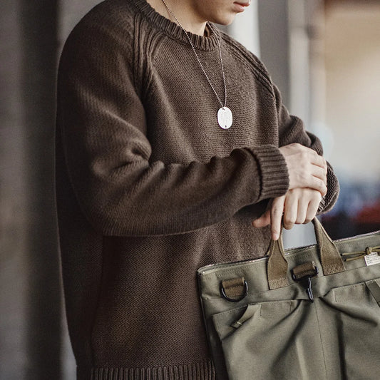 Maden New Vintage Heavyweight Knitted Crew-neck Sweater Brown Warm Pullover Men's Versatile Top for Autumn and Winter Knitwear