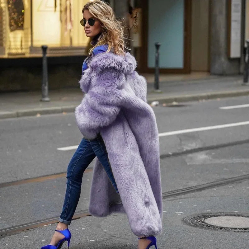 Women Thick Faux Fur Jacket Colorblock Autumn Winter Maxi Coat Long Warm Luxury Fur Outerwear