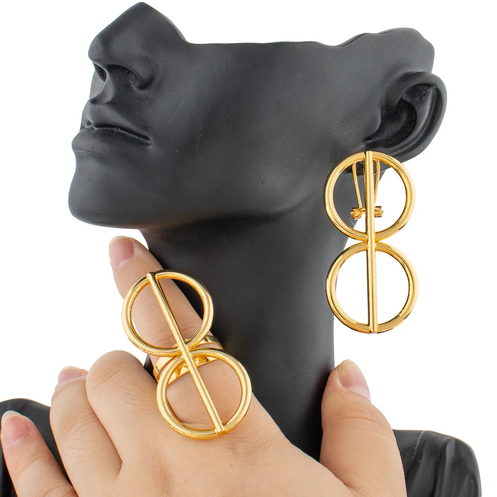 New Design Earrings and Ring Jewelry Set for Ladies African Gold Color Clip Earrings Finger Ring Set for Weddings Bride Jewelry