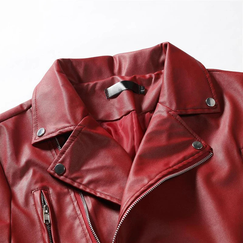 Mens Pu Leather Jackets Autumn Casual Motorcycle Jacket Biker Red Black Faux Leather Coats Pocket Zipper Overcoat Men Clothing