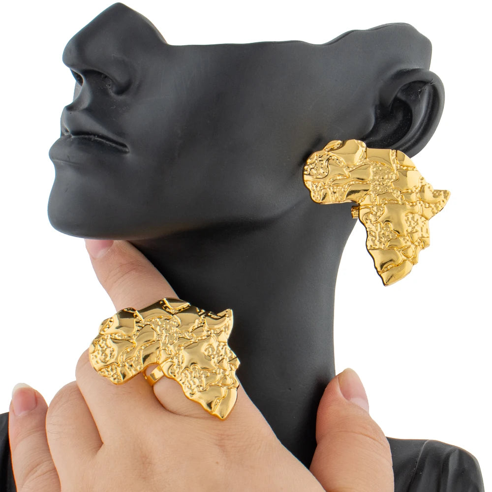 New Design Earrings and Ring Jewelry Set for Ladies African Gold Color Clip Earrings Finger Ring Set for Weddings Bride Jewelry
