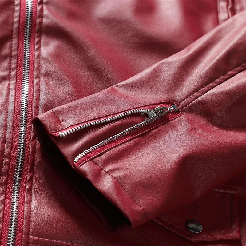 Mens Pu Leather Jackets Autumn Casual Motorcycle Jacket Biker Red Black Faux Leather Coats Pocket Zipper Overcoat Men Clothing