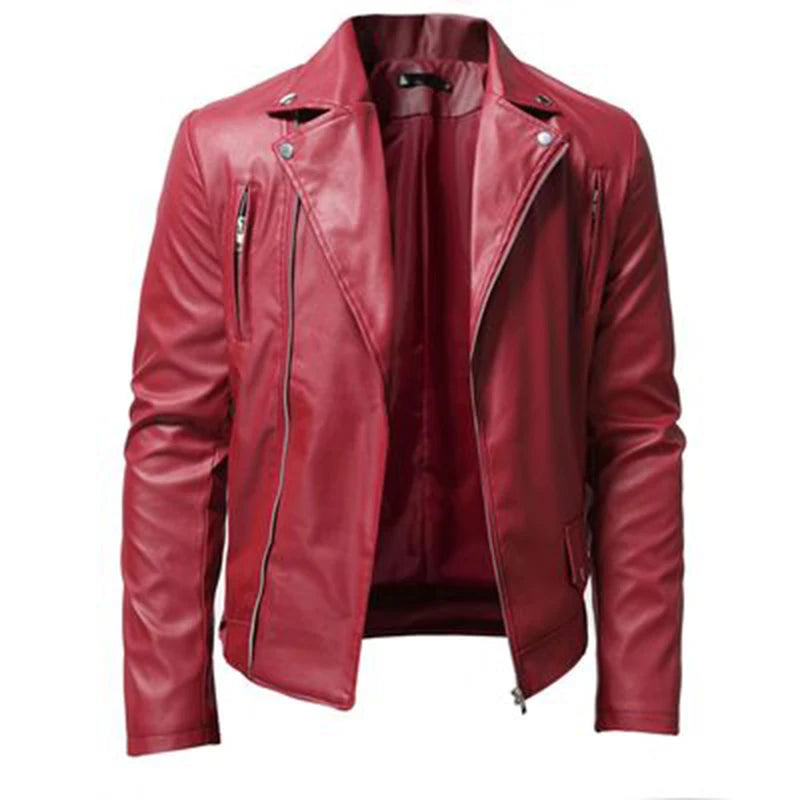 Mens Pu Leather Jackets Autumn Casual Motorcycle Jacket Biker Red Black Faux Leather Coats Pocket Zipper Overcoat Men Clothing