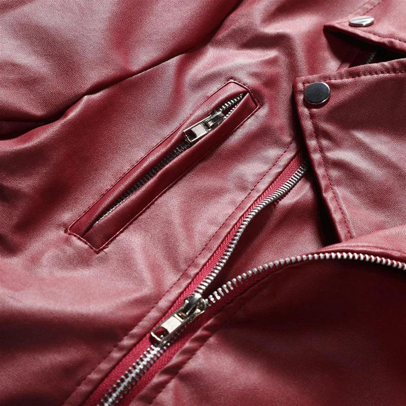 Mens Pu Leather Jackets Autumn Casual Motorcycle Jacket Biker Red Black Faux Leather Coats Pocket Zipper Overcoat Men Clothing