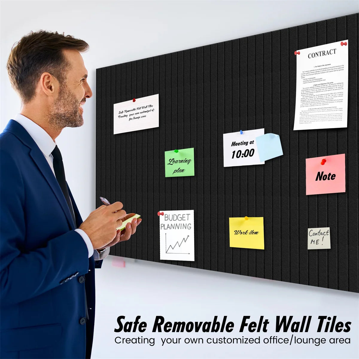 6pcs Large Cork Board for Office Black Felt Board Alternative - Slat Wall Paneling, Felt Bulletin Board Tiles for Office Wall