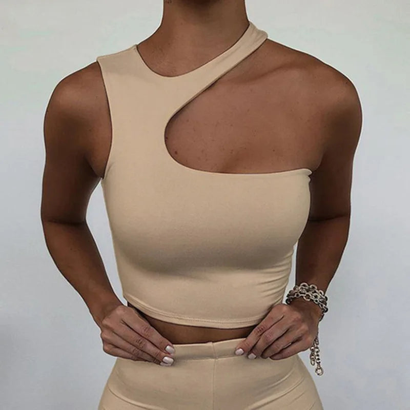 Cut Out Sexy Crop Off Shoulder Solid Skinny Sport Short Tops Women Tank Irregular Summer Tube Tops