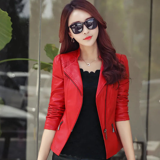 2020 Fashion New Women's Leather Jacket Bright Colors Black Motorcycle Coat Short Faux Leather Biker Jacket Soft Jacket Female