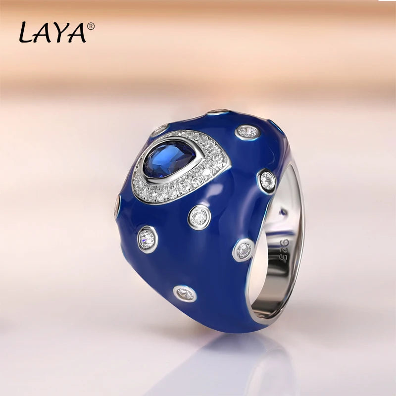 LAYA Blue Sapphire Ring For Men Women Retro Shinning Zircon Synthetic Crystal 925 Sterling Silver Classic Original Jewelry