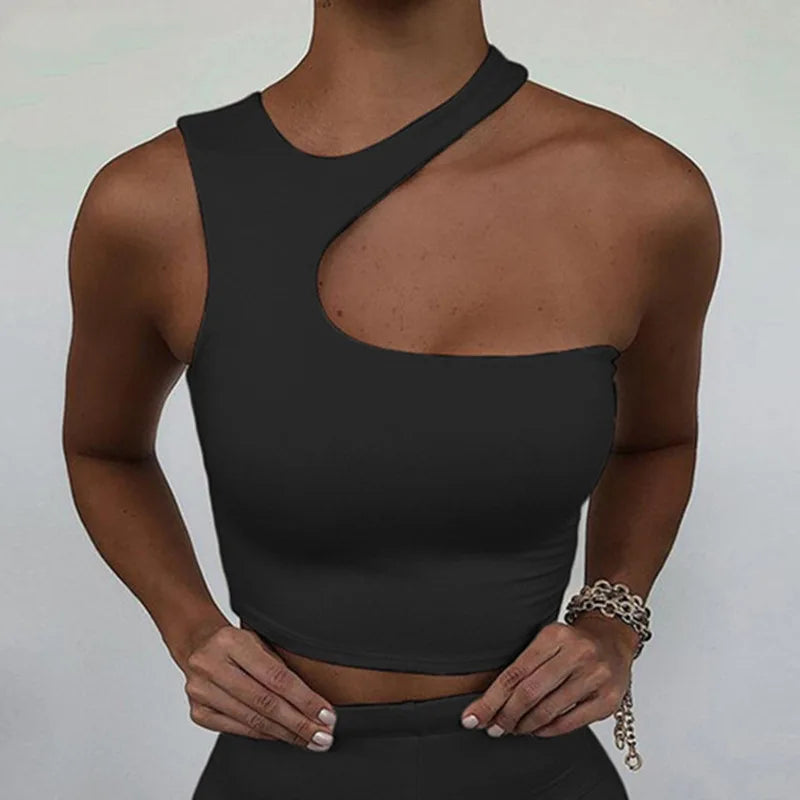 Cut Out Sexy Crop Off Shoulder Solid Skinny Sport Short Tops Women Tank Irregular Summer Tube Tops