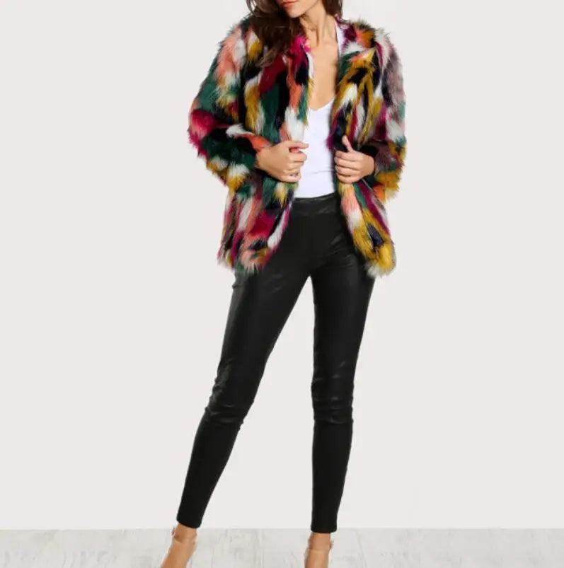 Fashion Contrast Multi color Faux Fur Coat Long Hairy Shaggy Outwear Women Autumn Winter Short Jacket Coat Tops