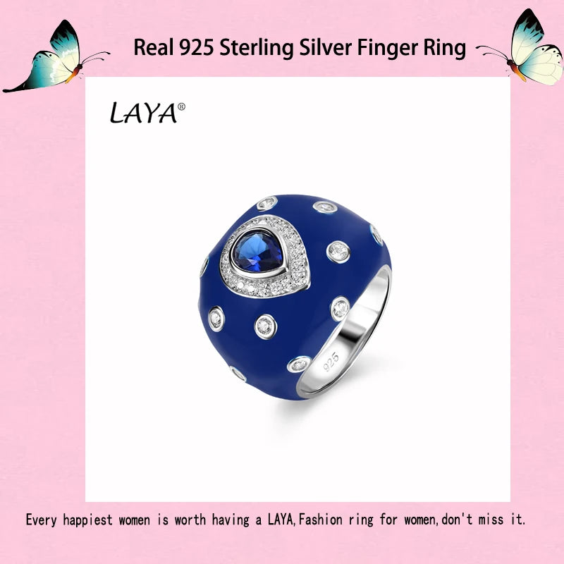 LAYA Blue Sapphire Ring For Men Women Retro Shinning Zircon Synthetic Crystal 925 Sterling Silver Classic Original Jewelry