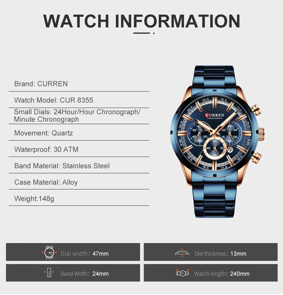 CURREN 8355 Top Brand Luxury Sports Quartz Mens Watches Full Steel Waterproof Chronograph Wristwatch Men Relogio Masculino