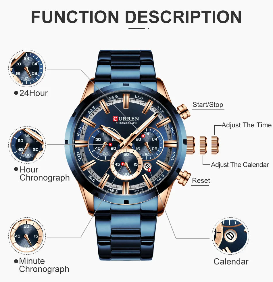 CURREN 8355 Top Brand Luxury Sports Quartz Mens Watches Full Steel Waterproof Chronograph Wristwatch Men Relogio Masculino
