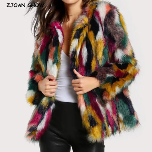 Fashion Contrast Multi color Faux Fur Coat Long Hairy Shaggy Outwear Women Autumn Winter Short Jacket Coat Tops