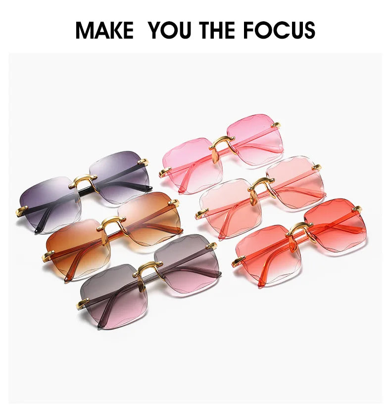 Square Rimless Sunglasses Women Luxury Brand Designer Summer Red Glasses Fashion Sun glasses For Men UV400 Shades Oculos