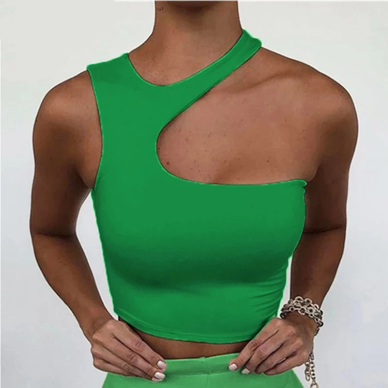 Cut Out Sexy Crop Off Shoulder Solid Skinny Sport Short Tops Women Tank Irregular Summer Tube Tops