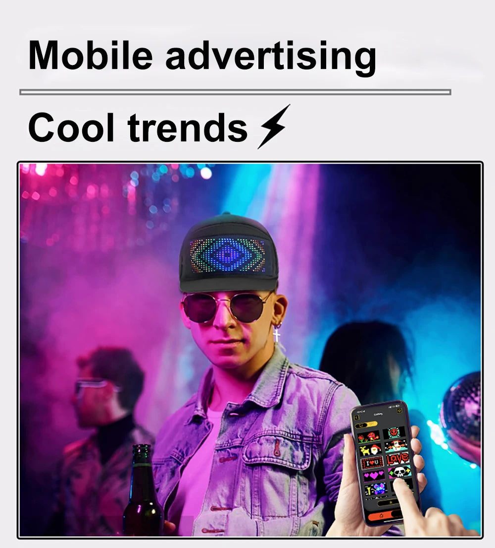 LED Hat Light Display Screen DIY Smart Pixel Matrix Baseball Hat Rechargeable Bluetooth APP Control Hip Hop Street Party Decor
