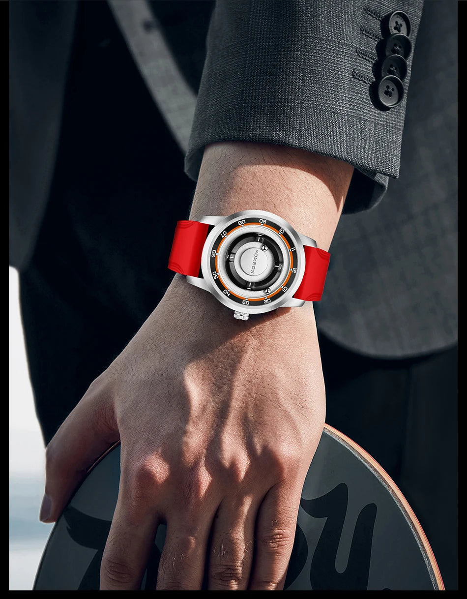 FOXBOX Unique Dial Quartz Man Watch Fashion Casual Sport Silicone Srolling Beads Clock Magnetic Force Waterproof Watches for Men