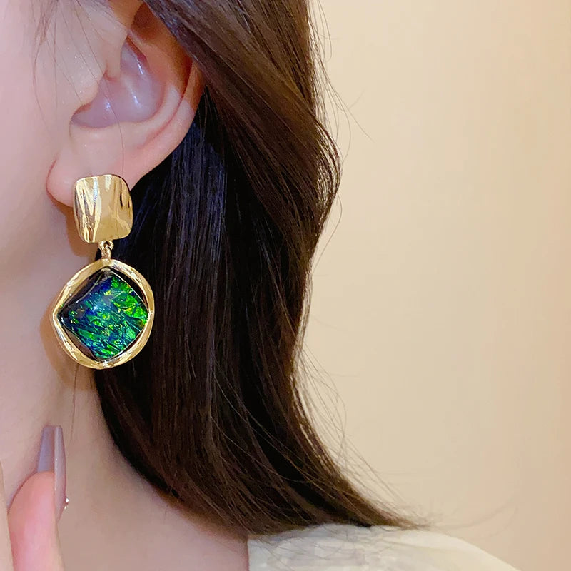 Vintage Green Geometric Rhombus Round Earrings Women Fashion Rhinestone Stud Earrings For Party Wedding Jewelry Accessories