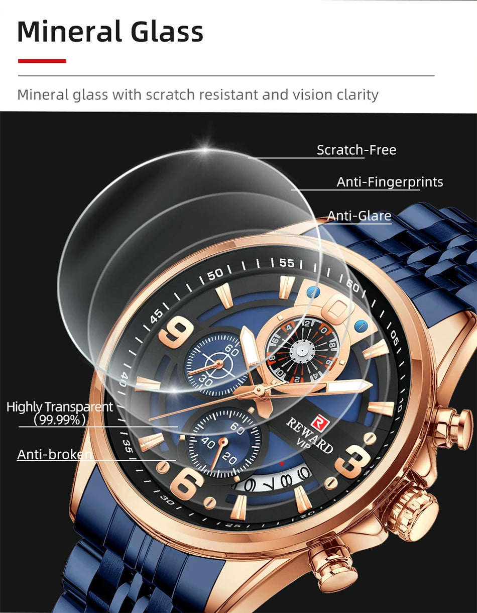 REWARD New Mens Watches Stainless Steel Luxury Waterproof Chronograph Luminous Wrist Watch Fashion Men Sports Quartz Watch