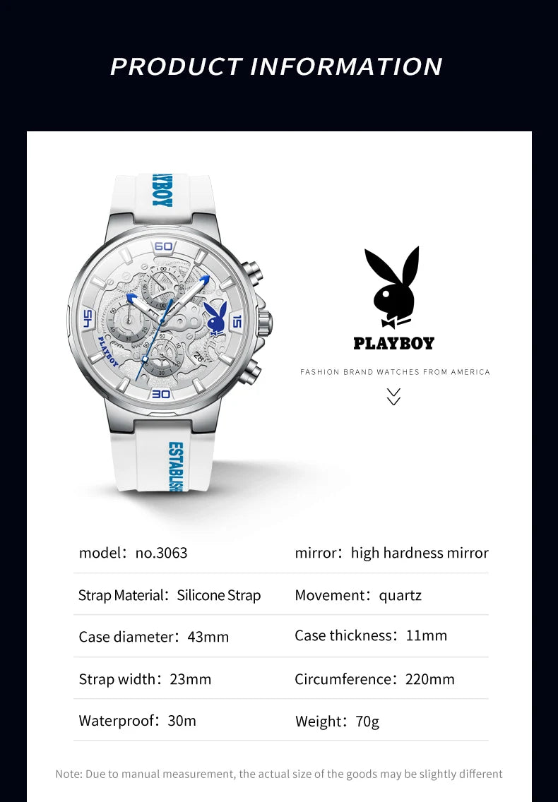 PLAYBOY Top Brand Trend Quartz Watch for Men Original Silicone Strap Men's Watches Waterproof Calendar Multifunction Male Watch