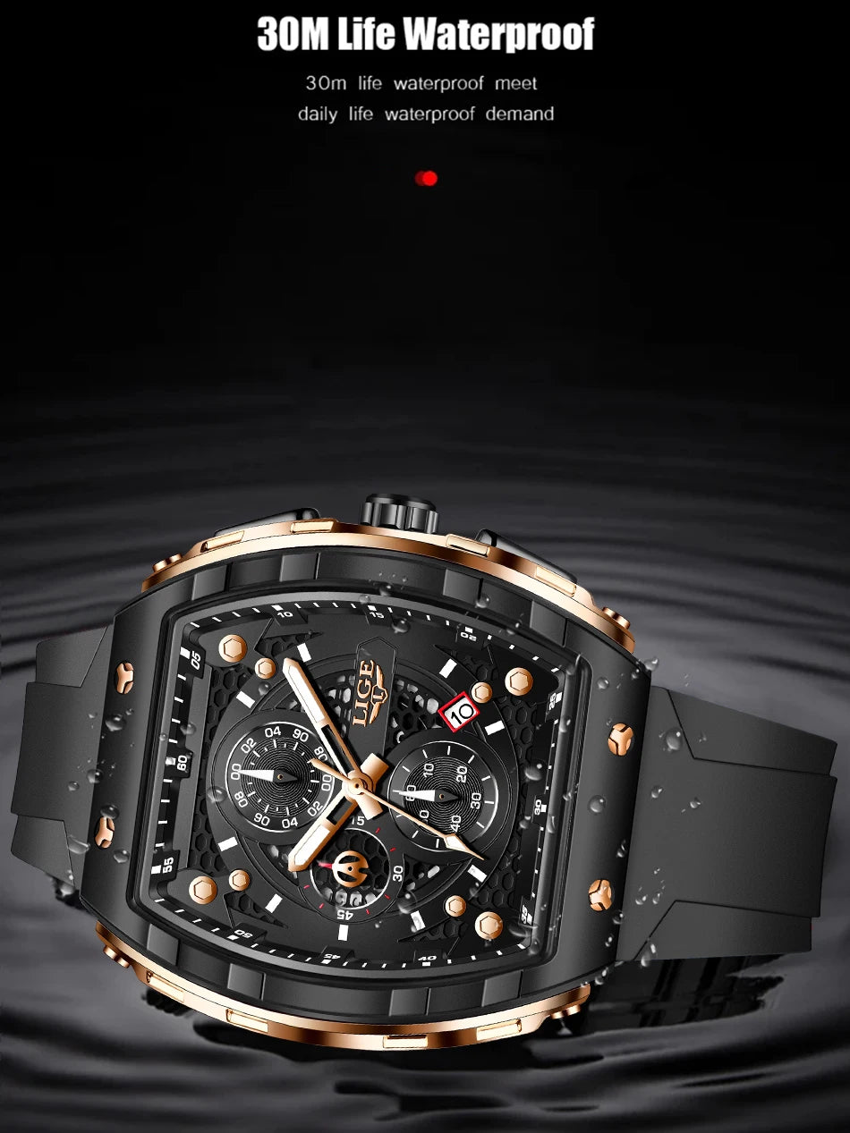 LIGE Waterproof Watches For Men Original Brand Luxury Silicone Square Men's Quartz Wristwatch Fashion Military Chronograph Male