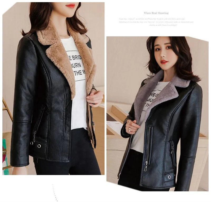 2022 New Winter PU Leather Jacket Women Short Blazers Coat Fleece Double-faced Fur Leather Outerwear Lady Slim Suit Tops Jackets