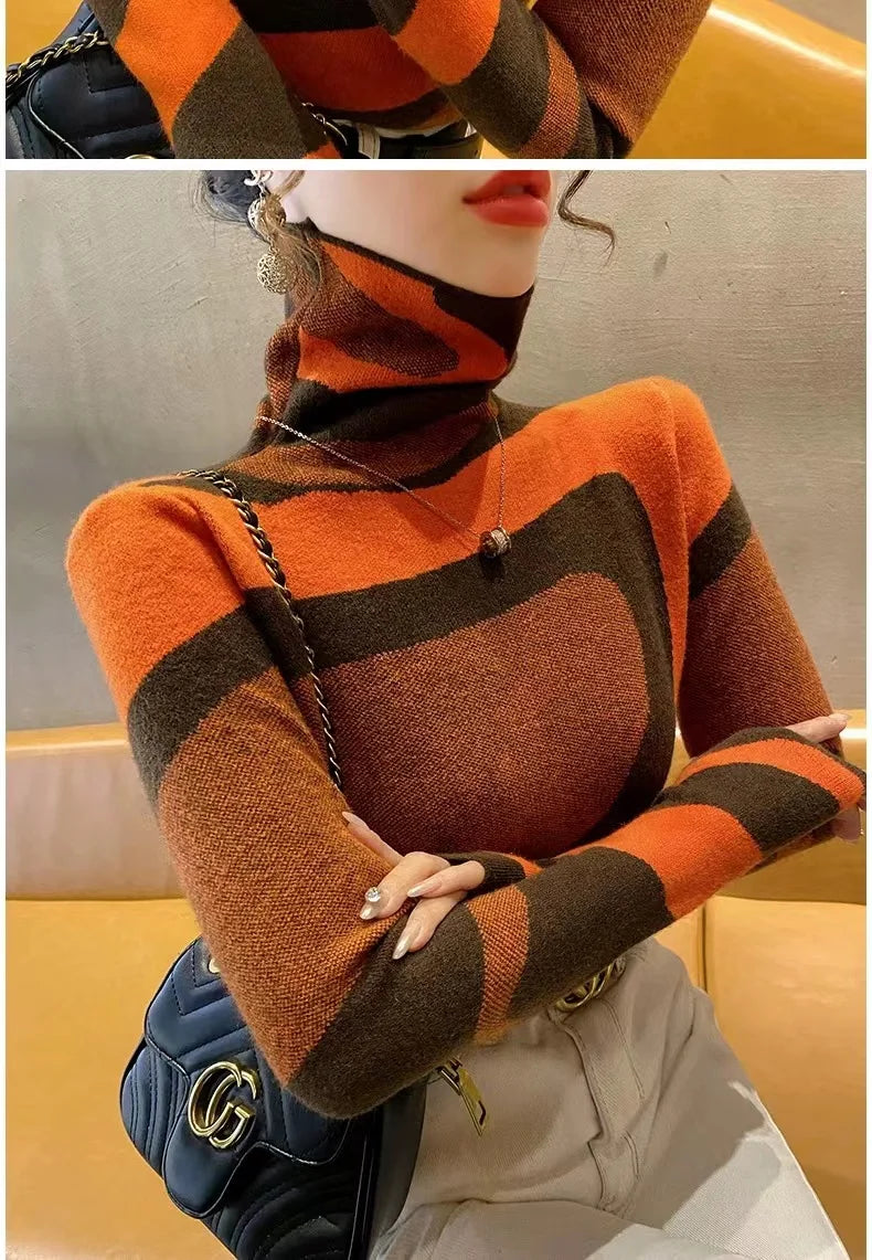 Women Clothing Fashion All-match Slim Knit Pullovers Autumn Winter Elegant Chic Geometric Patchwork Sweaters Office Lady Y2k Top