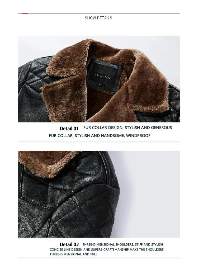 Fashion Warm Winter Mens PU Leather Jacket With Fur Collar Thicken Fleece Motorcycle Coat Casual Faux Leather Locomotive Jacket