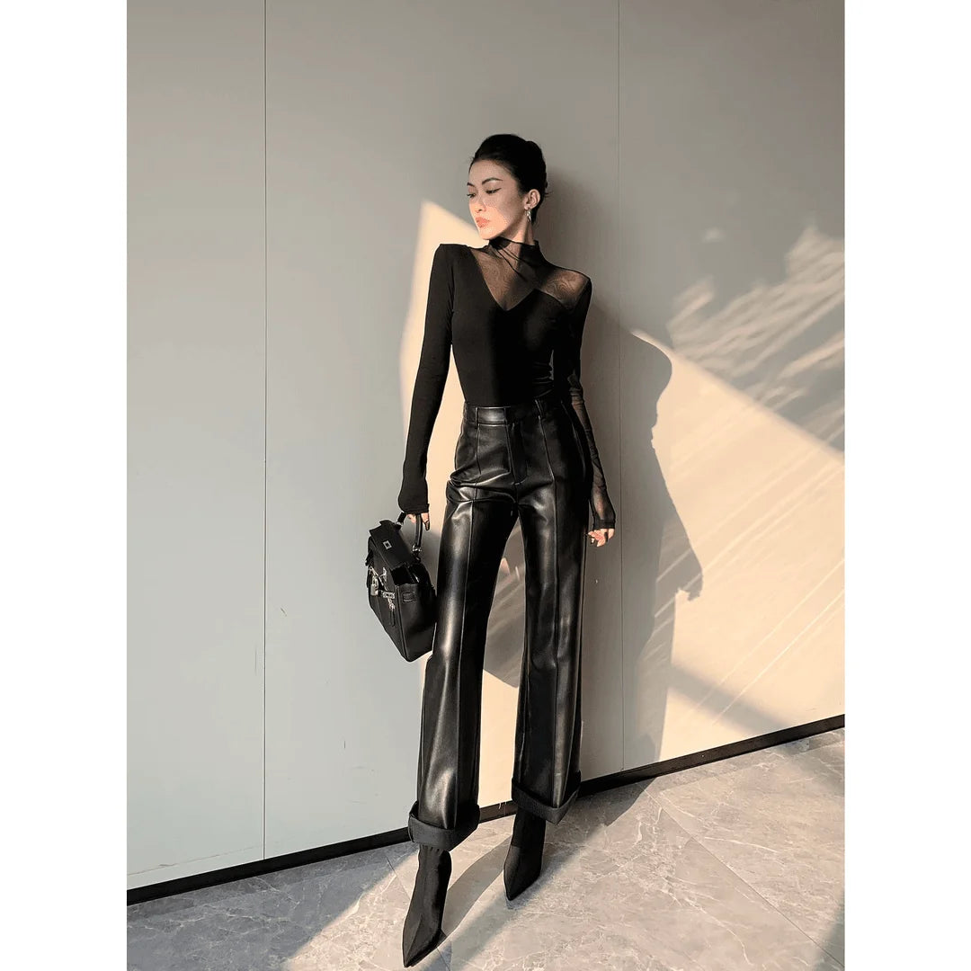 Women Korean Fashion Sexy See Through Mesh Patchwork Basic T-shirt Office Lady Black Elegant Long Sleeve Slim Tops Ropa De Mujer