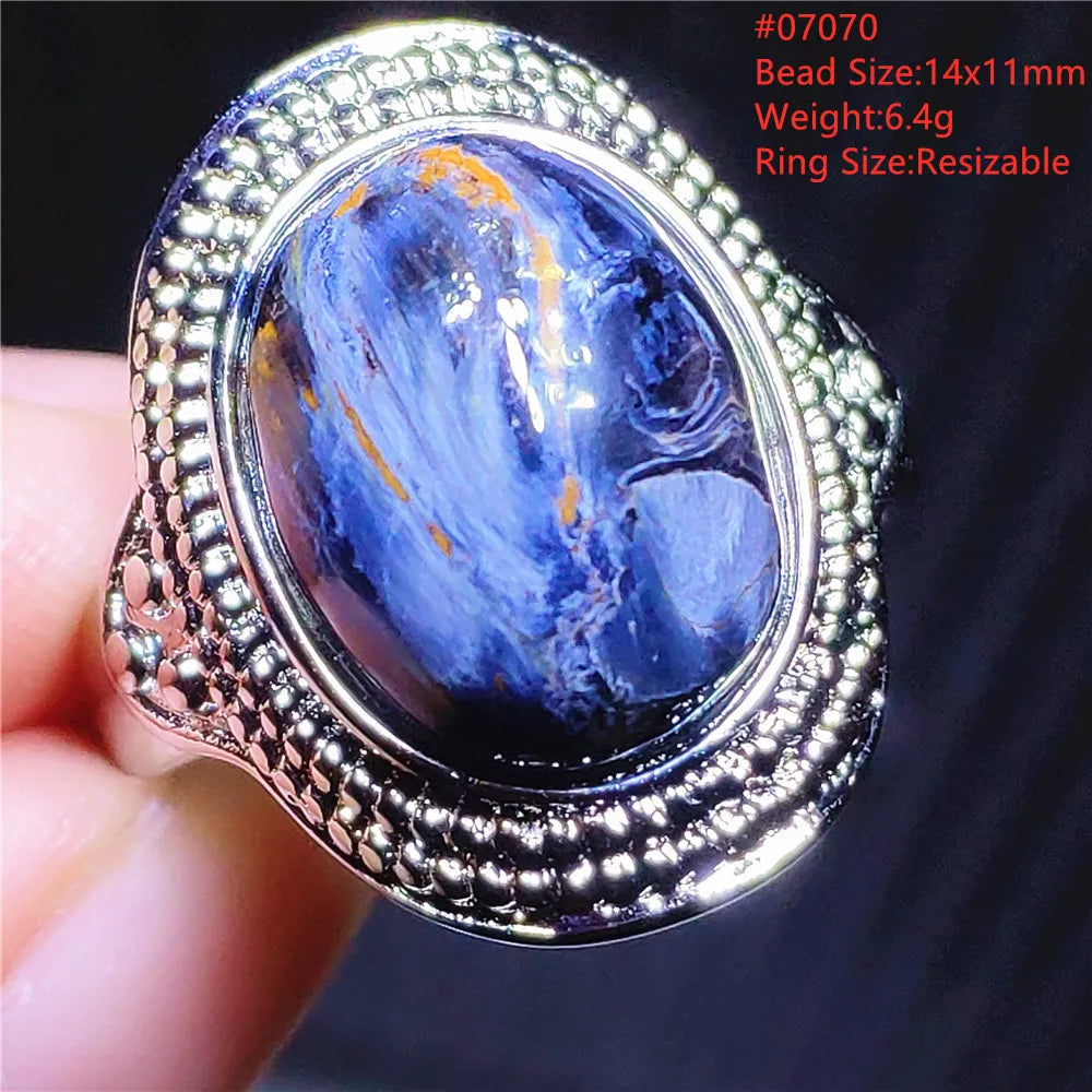 Natural Blue Pietersite Beads Adjustable Ring Woman Men Namibia Pietersite Ring Chatoyant Beads Fashion Silver Jewelry AAAAAA
