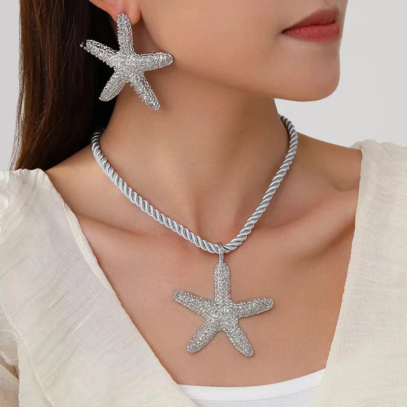 3 Pcs/set Simple Fashion Starfish Pendant Necklace Ocean Style Party Banquet Exaggerated Earrings Personalized Women Jewelry Set