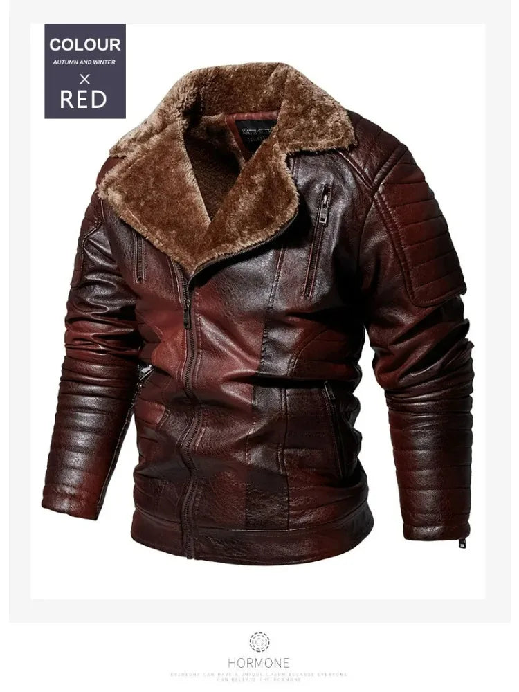 Fashion Warm Winter Mens PU Leather Jacket With Fur Collar Thicken Fleece Motorcycle Coat Casual Faux Leather Locomotive Jacket