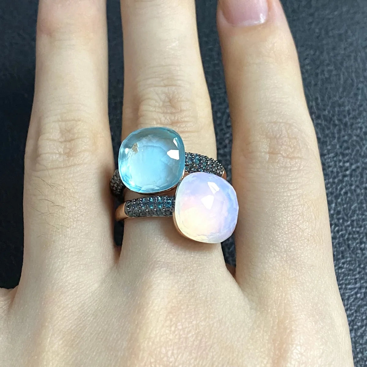 Blue Topaz Ring Inlay Black Zircon With Black Gun Plated 12.6mm Flat Crystal Ring For Women Party Fashion Jewelry Gift