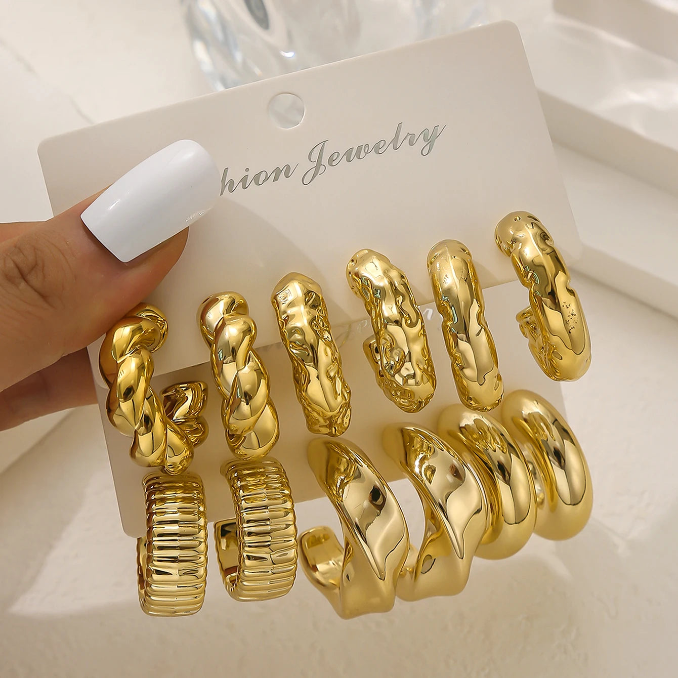 Texture Geometry Multi Shaped Women's Fashion Ring Earring Set Elegant Fashion Style Unique Design Earrings