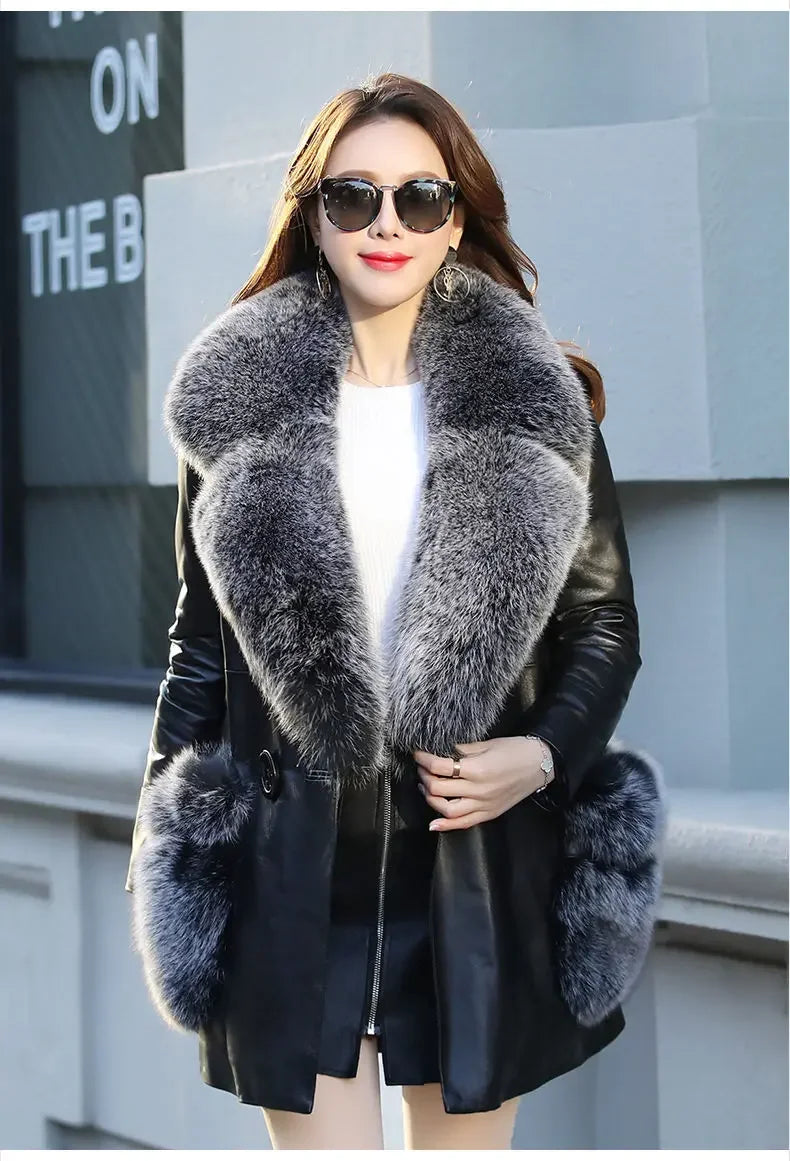 2025 Plus Cotton Velvet Big Fox Fur Collar Leather Coat PU Leather Jacket Coat Women's Fur Mid-length Coat Jacket