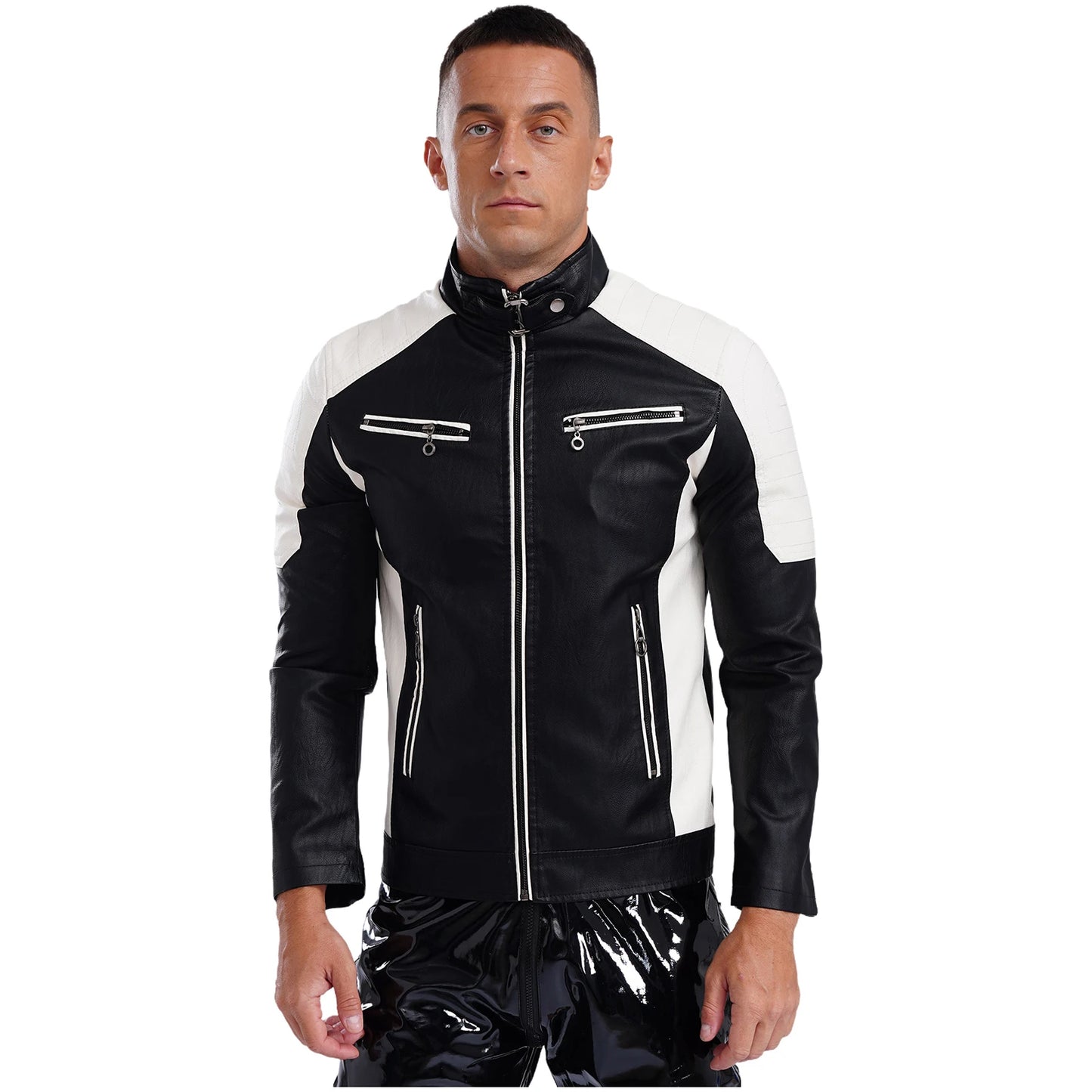 Mens Racing PU Leather Jackets Coat Long Sleeve Front Zipper Outerwear Windproof Motorcycle Biker Racer Bomber Jacket Streetwear