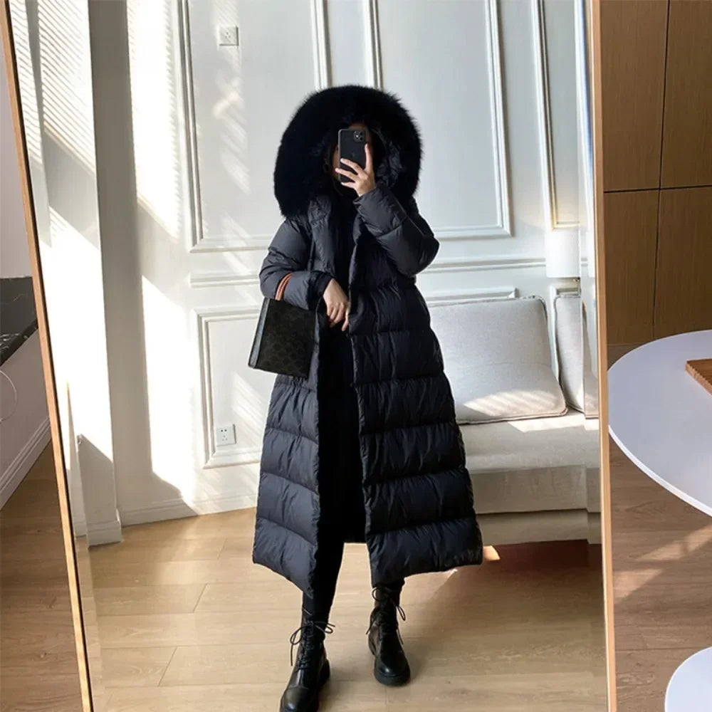 Real Fur Jacket 2024 Winter Women White Duck Down Jackets Ultra Light Warm Long Parkas Fox Fur Collar Female Hooded Snow Coats