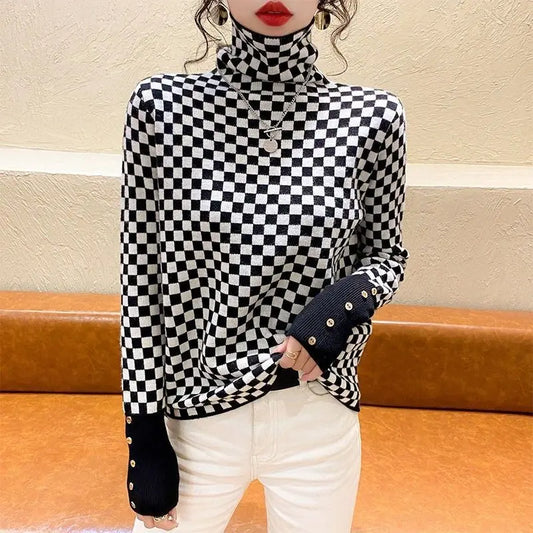 Women's Clothing Elegant Fashion Plaid Knit Pullovers Autumn Winter Vintage All-match Long Sleeve Patchwork Sweater Lady Y2k Top