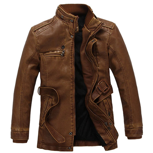 Men's Fashion Leather Long Jacket Men New Casual Vintage Blazer Winter Thick Motorcycle Biker Coat Men's Brand Design PU Jacket
